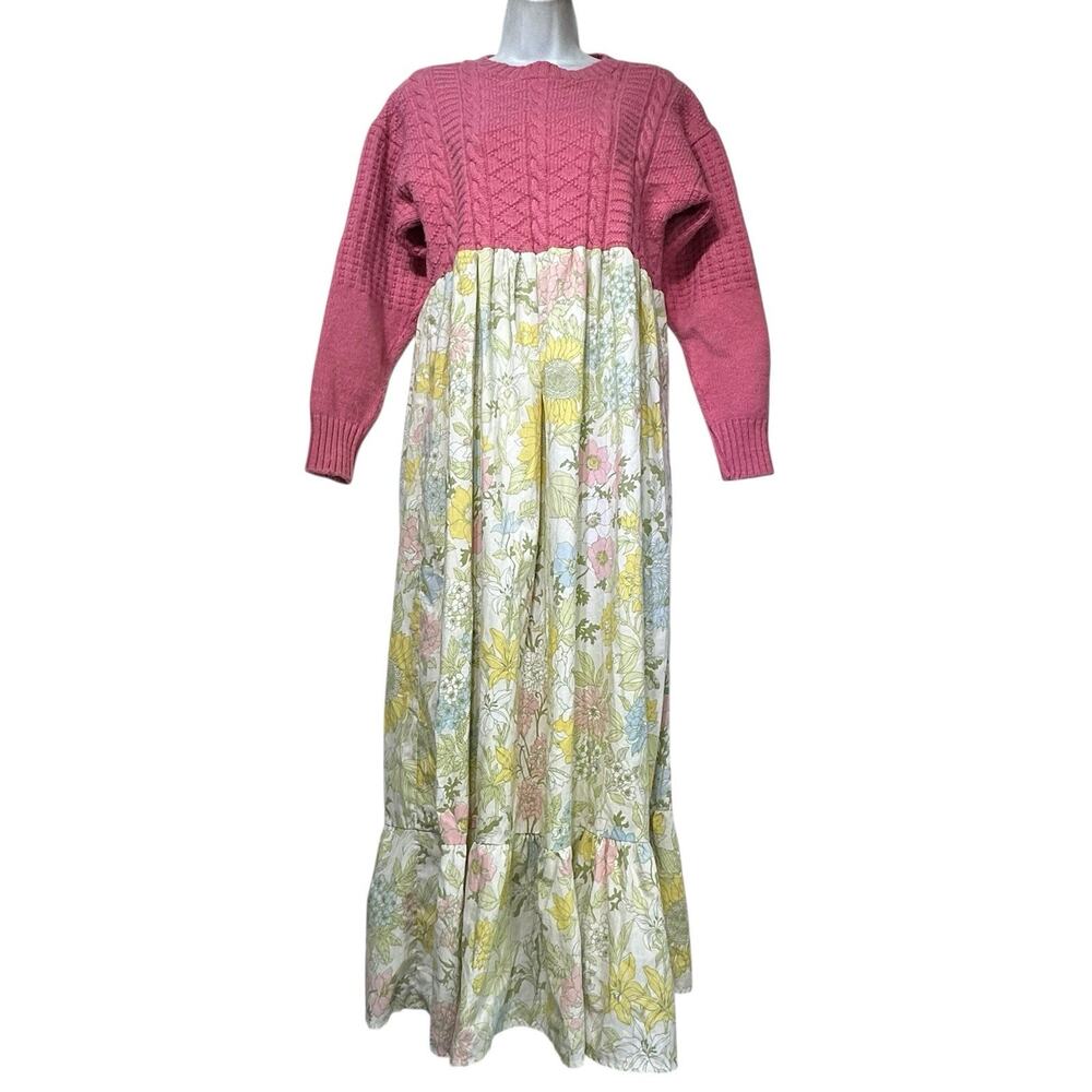 The Odd Cow Sweater Knit Floral Maxi Dress Pink Pullover Long Sleeve Cottagecore